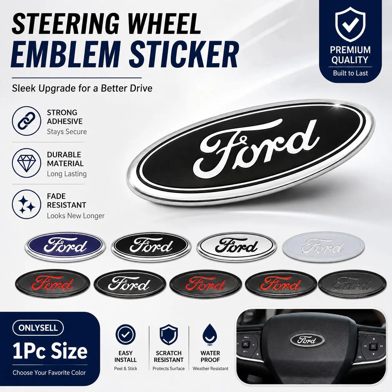 Ford Car Steering Wheel Emblem Sticker, Sticker For Cars, Interior Logo Badge Cover Self Adhesive ABS Trim Oval Steering Wheel Center Emblem Overlay Scratch Resistant Waterproof Easy Install Universal Car Interior Accessory Black Silver Style Compatible