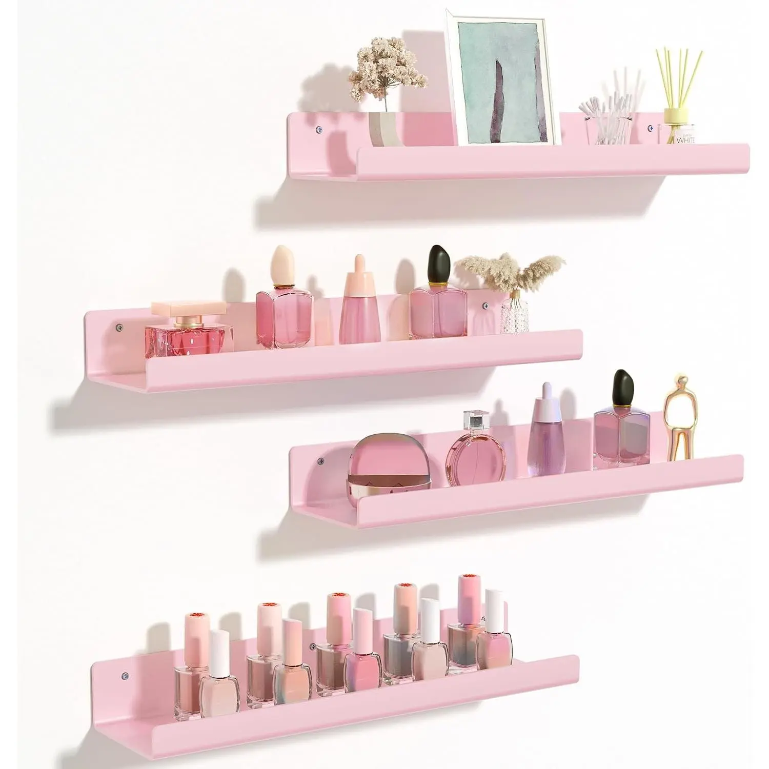 4 Pcs 15" Acrylic Shelves for Wall Decor and Display, Pink | Cute Floating Shelf for Perfume, Skincare, Nail Polish, Wall Organizer for Bedroom, Living Room, Playroom, Room Décor