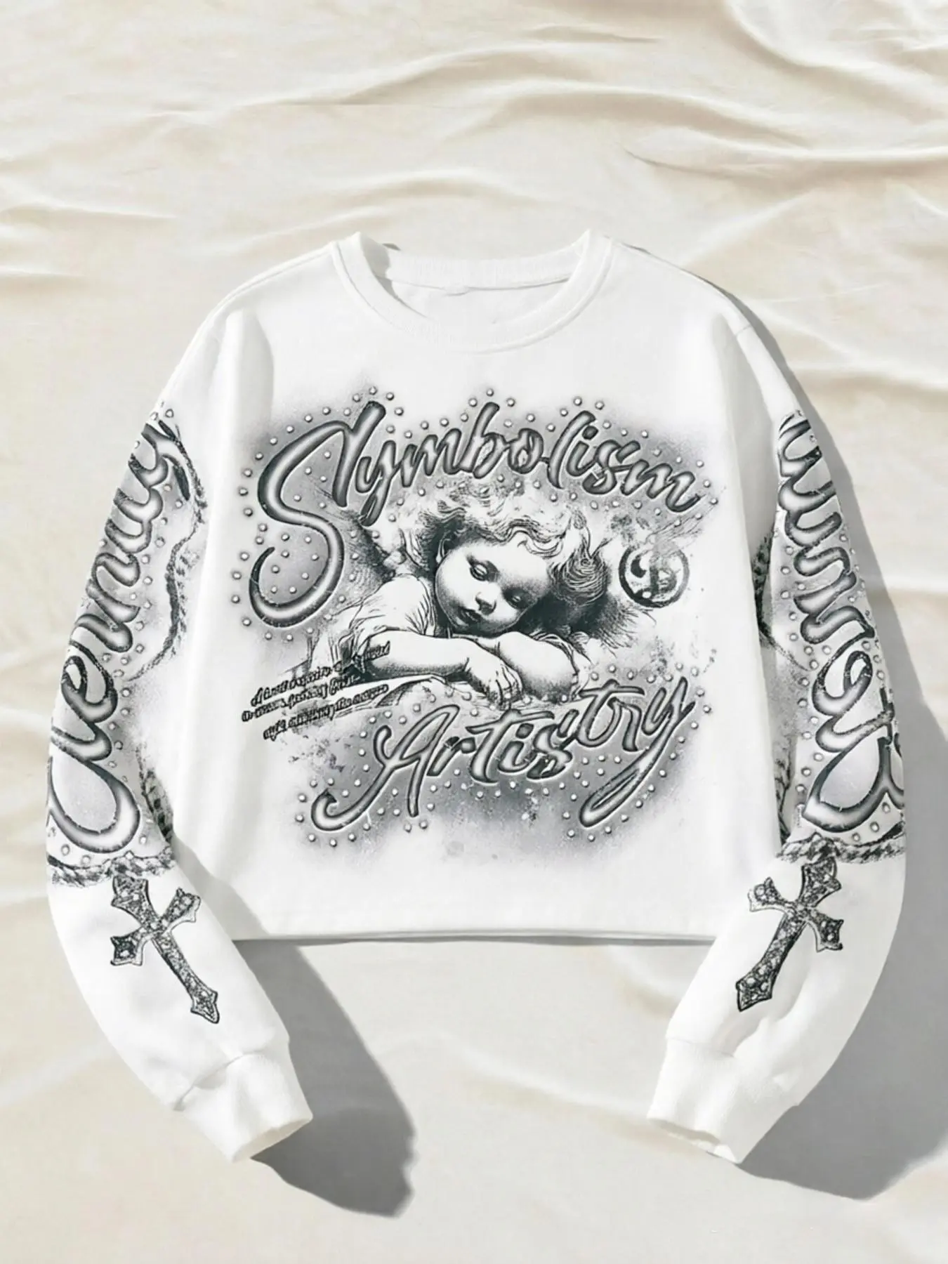Vintage Angel Cross Sweatshirt, Y2K Sweet Cool Style, Short Sleeve Round Neck, Loose Fit, Fall & Winter, Streetwear, Music Festival