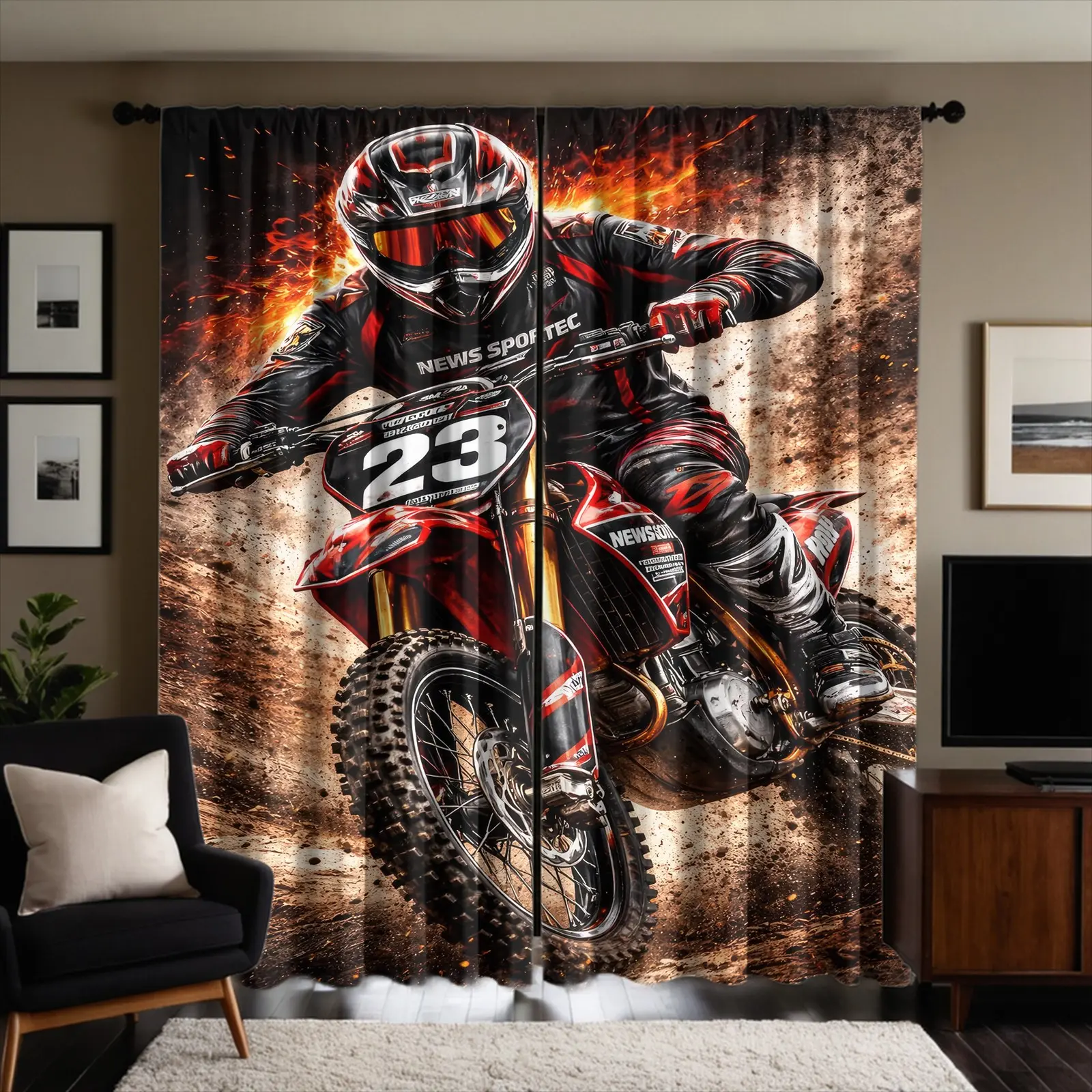 Set of 2 Rod Pocket Brushed Fabric Curtains, Motocross Dirt Bike Rider Print Window Curtains, Machine Washable Extreme Sports Decor Curtains for Teen Boys Bedroom, Game Room, Motorcycle Garage, Curtain Panels, Window Drapes