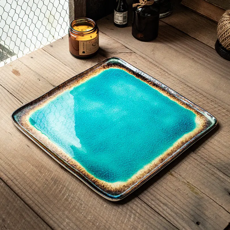 Ocean blue high-value plate, niche ceramic plate, household dish, distinctive steak plate, ice crack glaze tableware