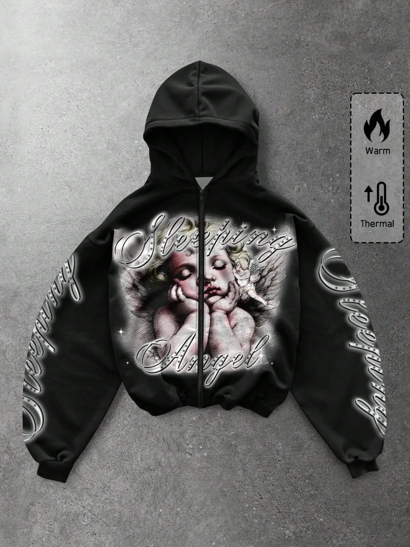 Unisex Vintage Zipper Hoodie, Thick Thermal Fabric, Dreaming Angel Print, Street Style, Fall & Winter, Slim Fit, All over Print