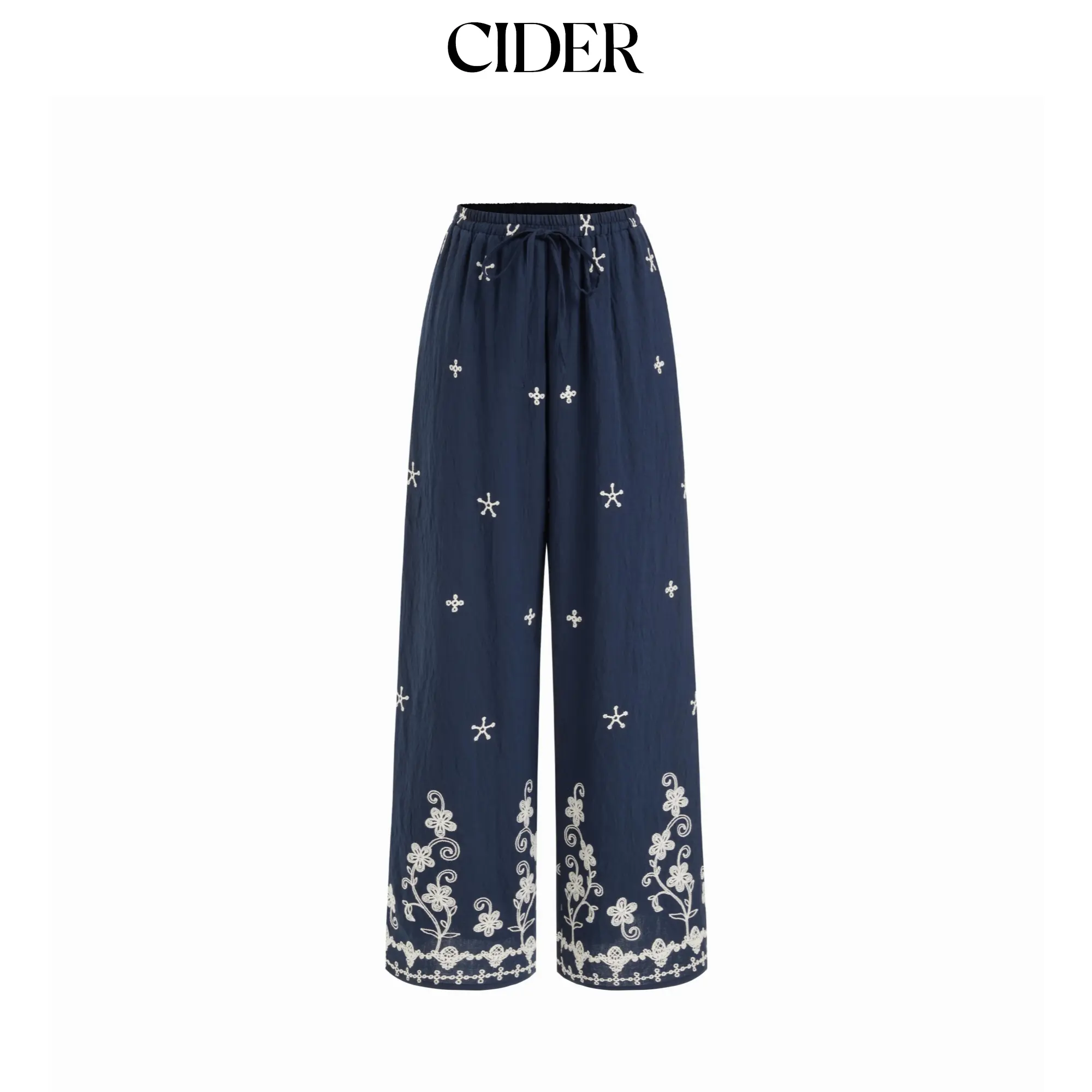 Cider Floral Embroidery Mid Rise Wide Leg Trousers