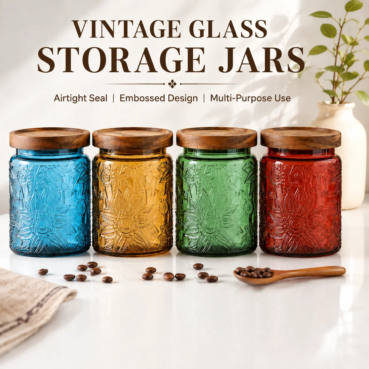 Arthink Set of 4 Vintage 23.7oz Sunflower Glass Jars with Wooden Lids - Airtight Home Organizer Storage Canisters for Kitchen Pantry, Room Decor, Coffee, Tea, Sugar