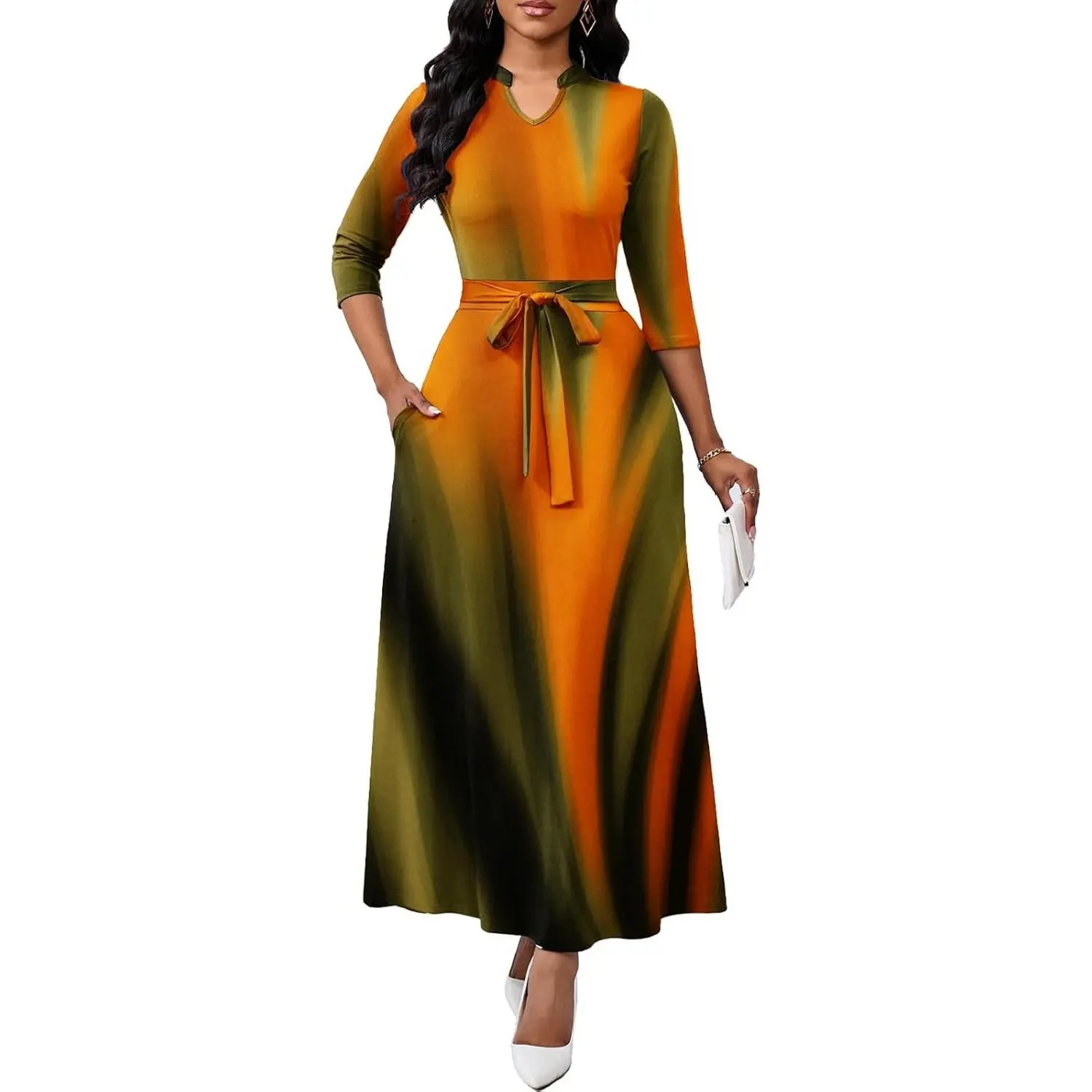 Maxi Dresses for Women Semi Formal Long Dress 3/4 Sleeve Casual A-line Church Dresses with Pockets