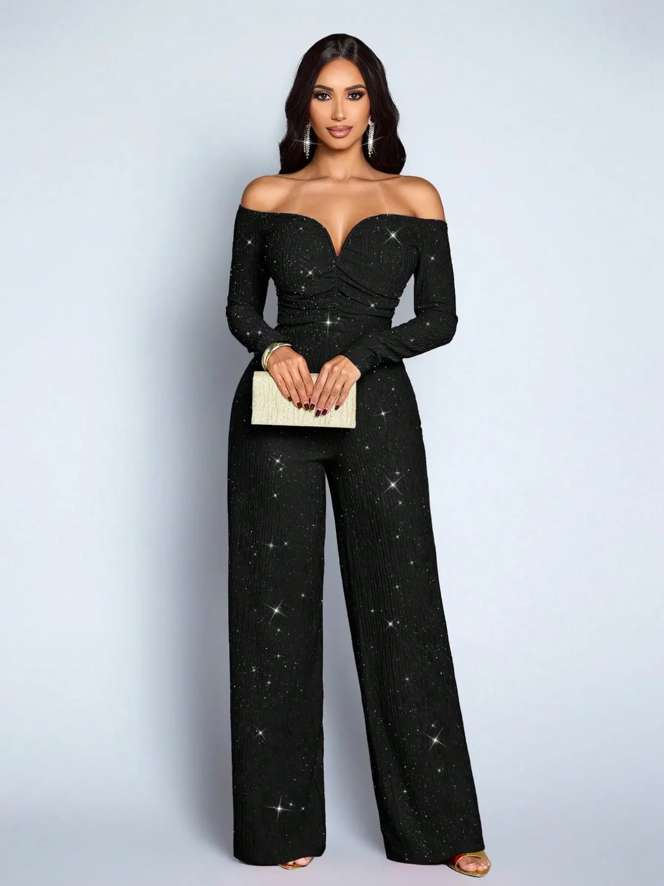 Women's High-Waisted Fitted Jumpsuit, Belted Long Sleeve X-Type Design, Spring & Fall Chic Contemporary Style, Plain Pattern Unlined, Evening