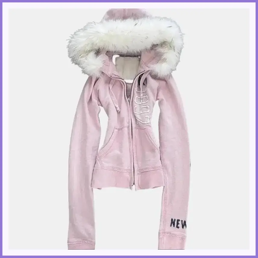 Vintage American Pink Faux Fur Hooded Sweatshirt Cinch Waist Y2K Cropped Sweater Alternative Outerwear Long Sleeve Casual Minimalist Winter Pullover Tops Womenswear Basic