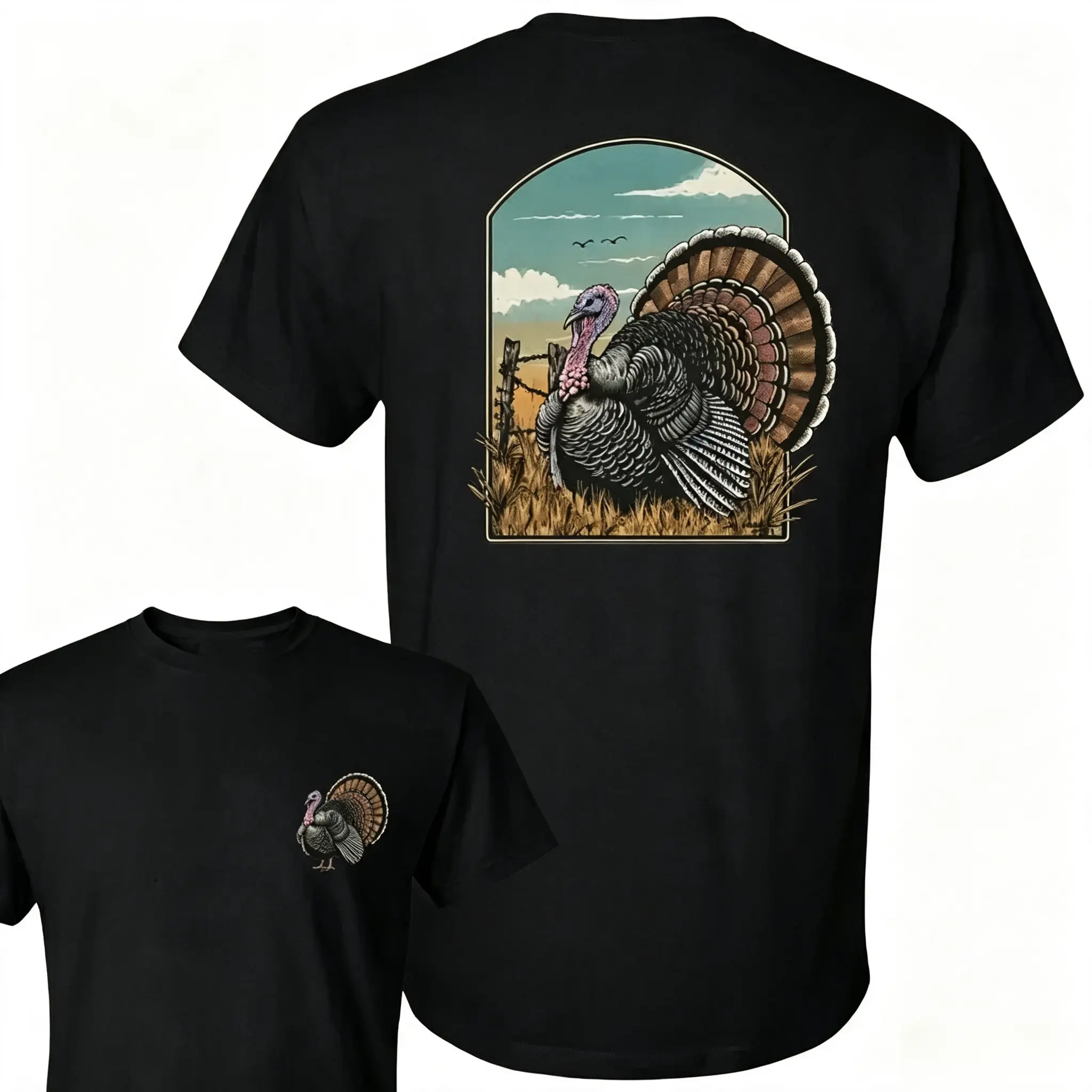 Turkey Hunting T-Shirt - Wild Turkey Field Scene Design , Small Turkey Chest Print , Outdoor Hunting Lifestyle , Spring Gobbler Season Wear , Gift For Turkey Hunters And Country Men -