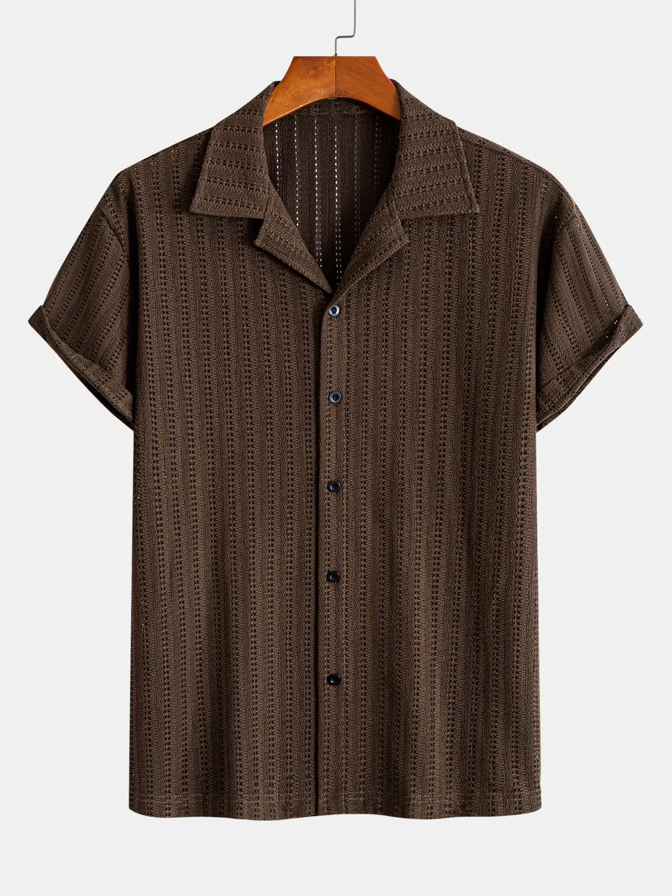 Men's Crochet Knit Camp Collar Striped Aesthetic Shirt, Short Sleeve Button Down, Perfect for Beach Vacation, Casual Daily Wear, Comfortable and Stylish