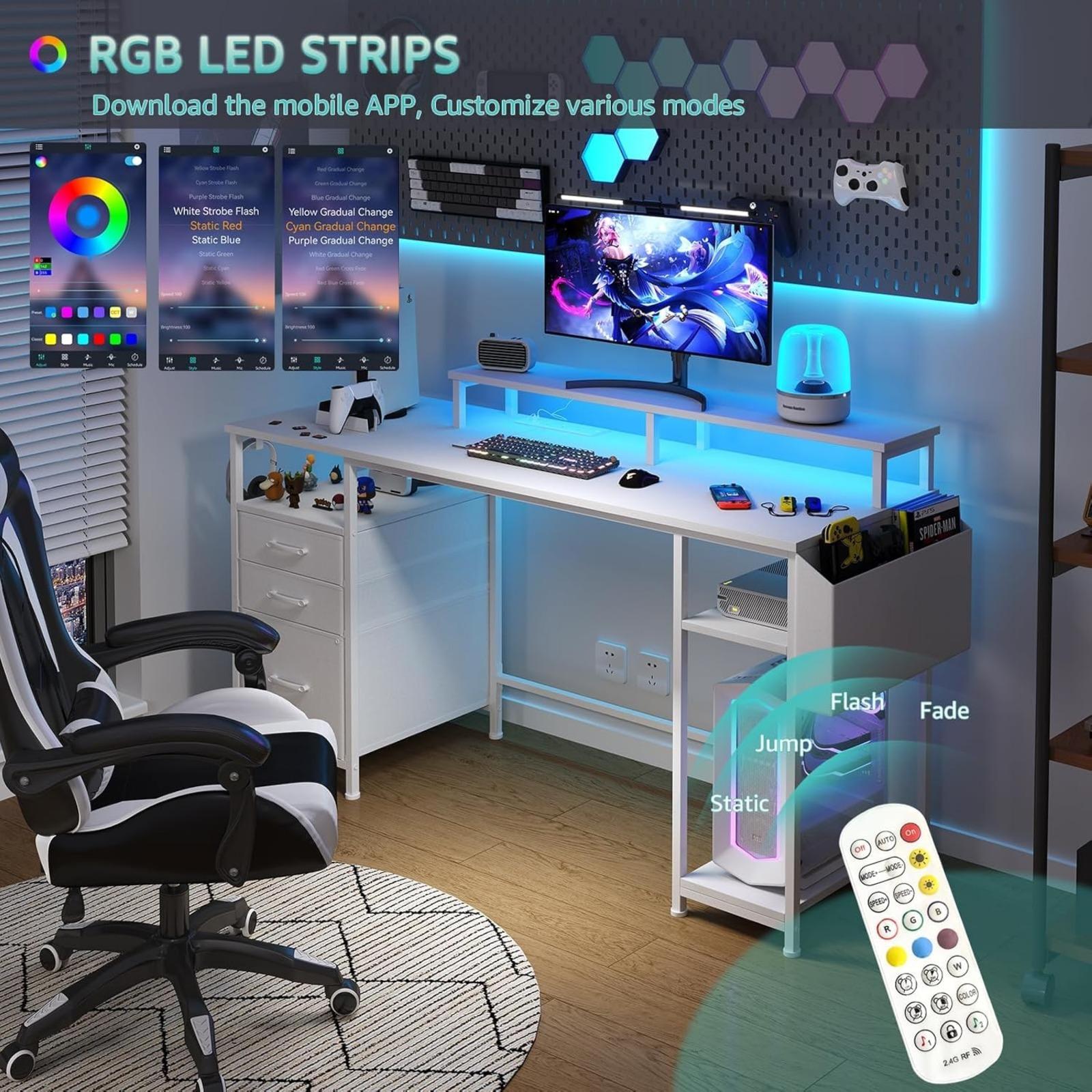 Lufeiya White Computer Desk with File Drawers Cabinet, 55 Inch Home Office Desk with Monitor Stand Shelves, Writing Study Gaming Desks with Led Lights and Power Outlets for Bedroom, White Adjustable Work Table, Get Free Gift