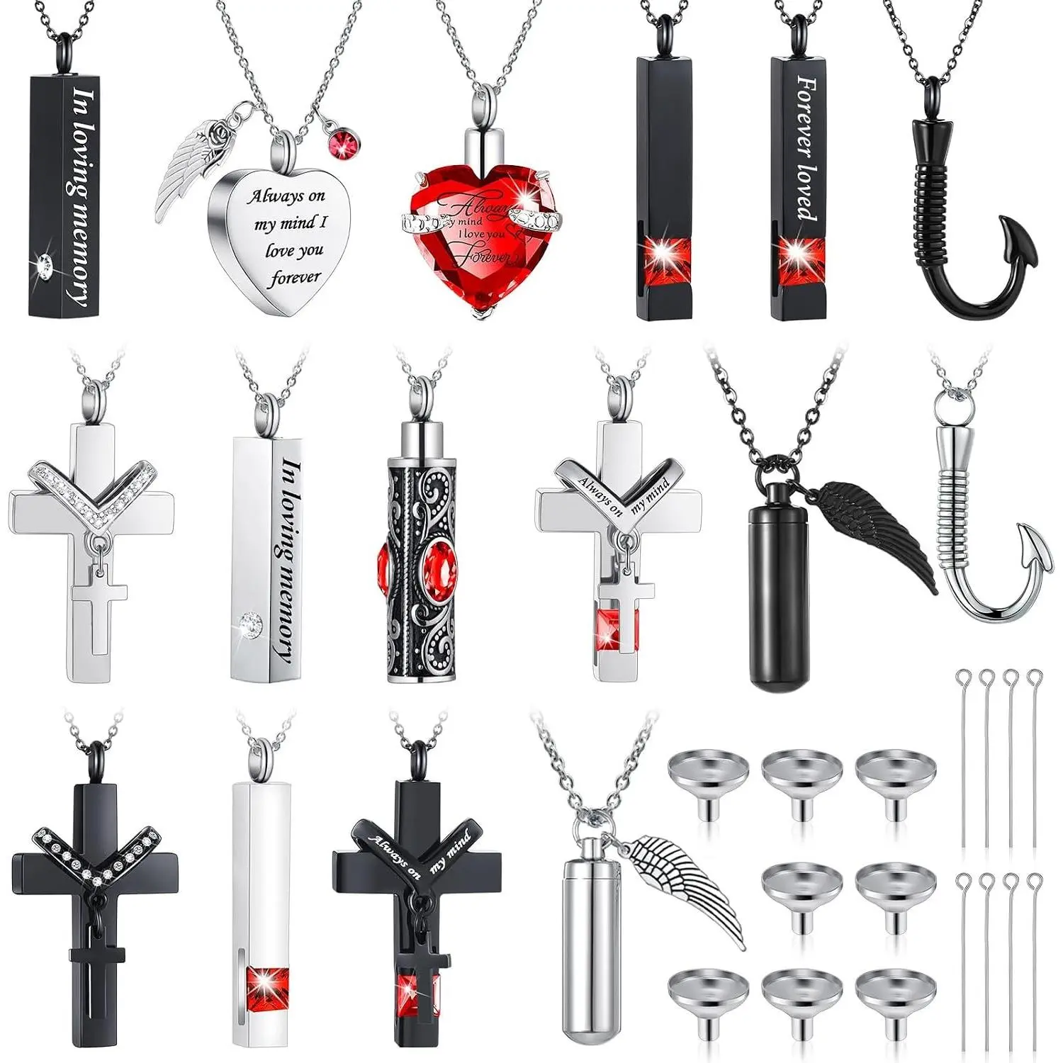 16 Pcs Waterproof Stainless Steel Urn Necklace for Ashes with 8 Filling Kit, Heart Cylinder Cross Cubic Fish Hook Locket Jewelry with Wing Diamond for Men Women