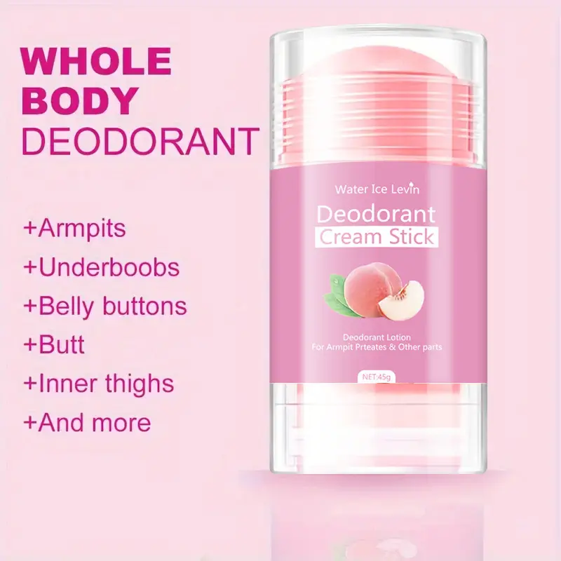 Water Ice Levin Peach Deodorant Cream Stick, 2 In1 Sweat Absorb & Odor Prevent Body Deodorant, Whole Body Use for Armpit Thigh Bust, Long Lasting Peach Scent Anti-Chafing Deodorant 45g