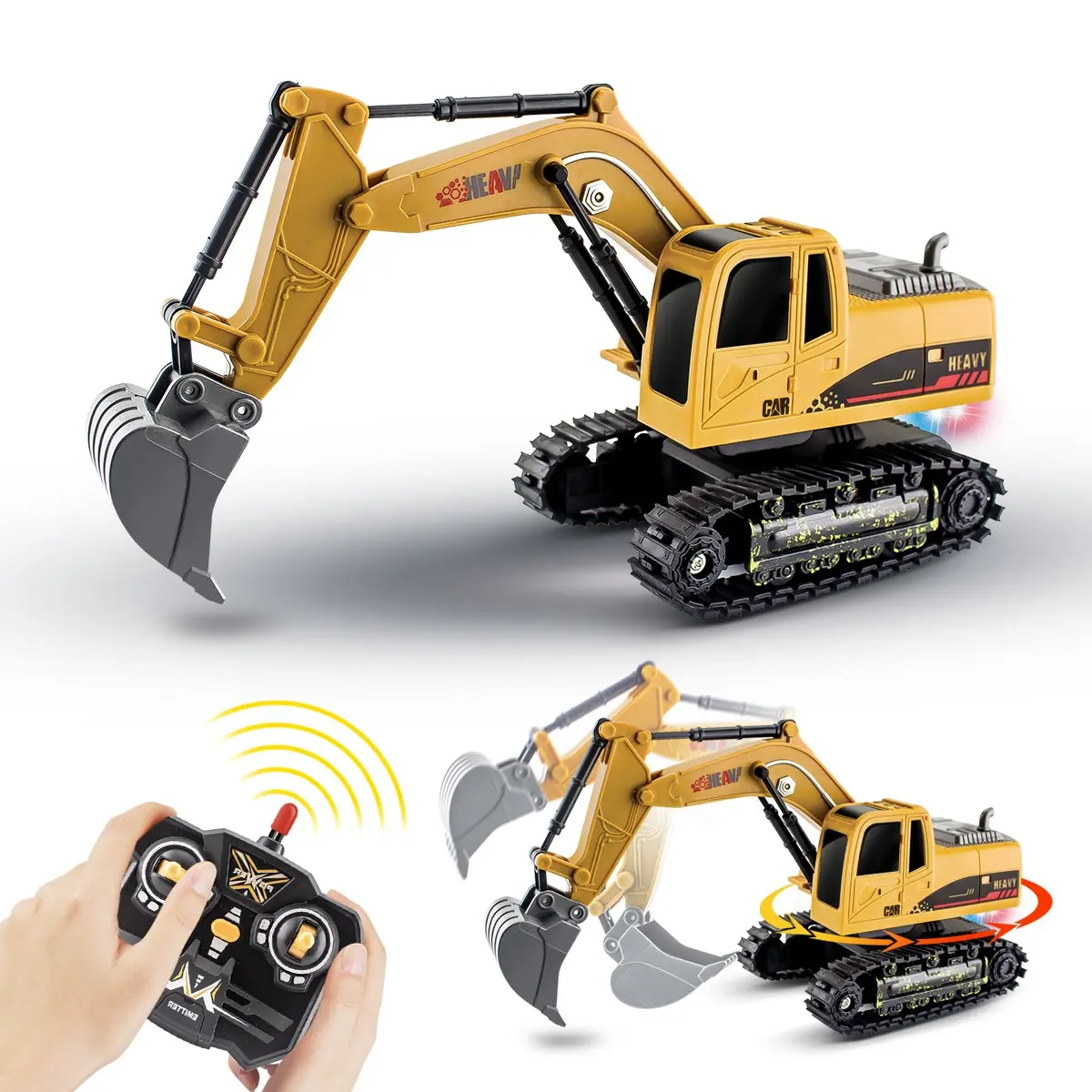 1:24 Remote Control Excavator Toy, 5 Functions Simulation Engineering Vehicle, 360° Rotation with Lights, Kids RC Car for Ages 6+, Requires 2x1.5v Batteries