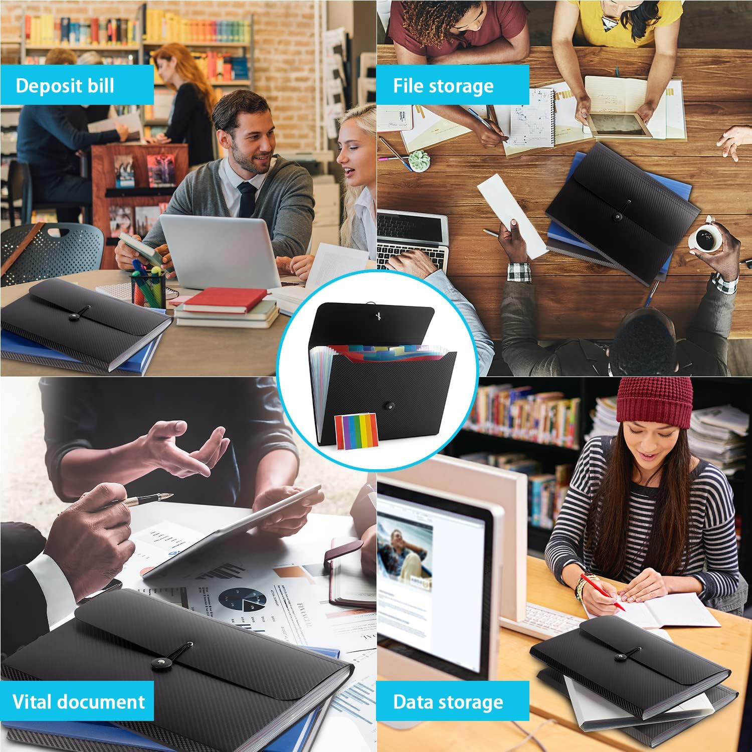 Expanding File Folder, 13 Pockets, White, Polypropylener,for Work, School, , Office