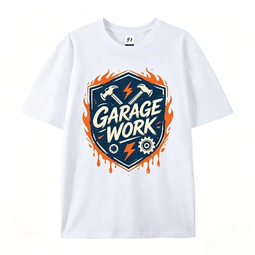 Hardcore Mechanic Graphic Tee – "Garage Work" Shield Emblem with Crossed Hammers & Fire, Rugged Industrial Cotton Shirt, Perfect Gift for Car Guys, Best Workshop Outfit