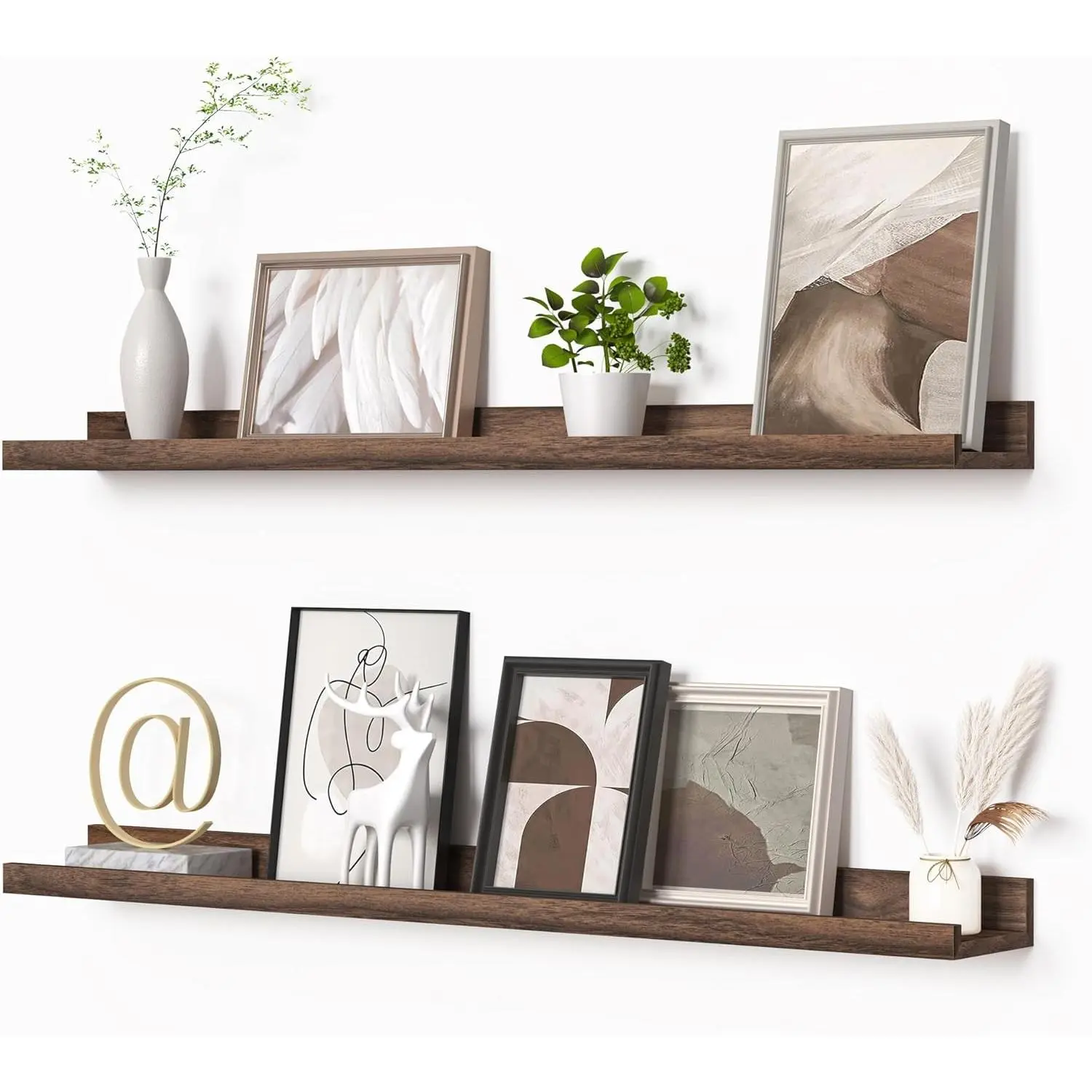 36 Inch Floating Picture Ledge Shelves Set of 2, Wall Mounted Kids Bookshelf with Ledge, Walnut Floating Shelves for Living Room Bedroom Decor, Holds Books & Photo Frames