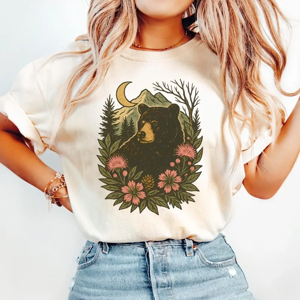 Black Bear T-Shirt | Mountain Moon Nature Tee | Rustic Wildlife Forest Shirt | Silk Tree Flower Lover