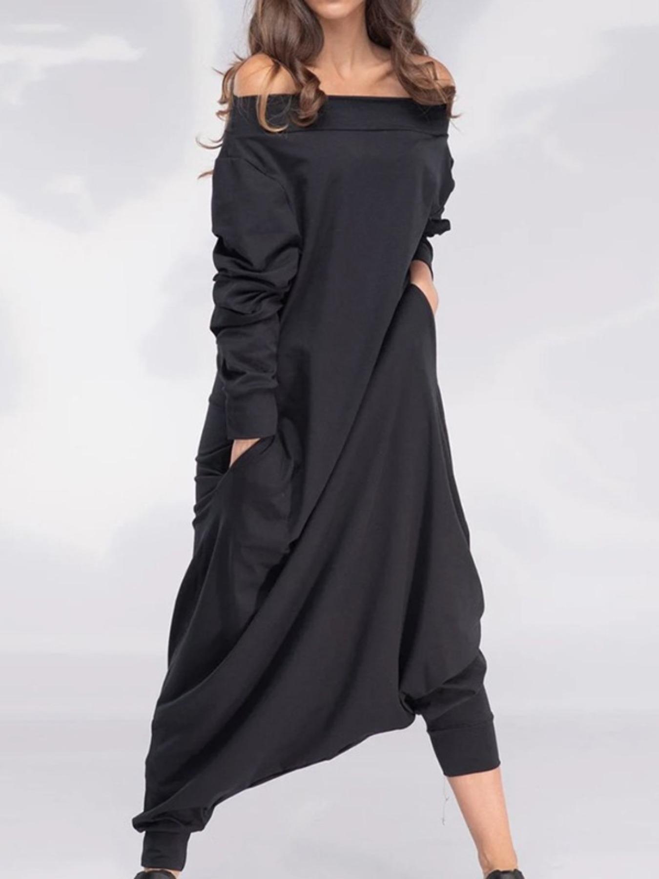 Women's Solid Woven Off-Shoulder Long Sleeve Jumpsuit, Casual Comfy Loose Fit Jumpsuit for Spring & Fall, Ladies Clothes for Daily Wear