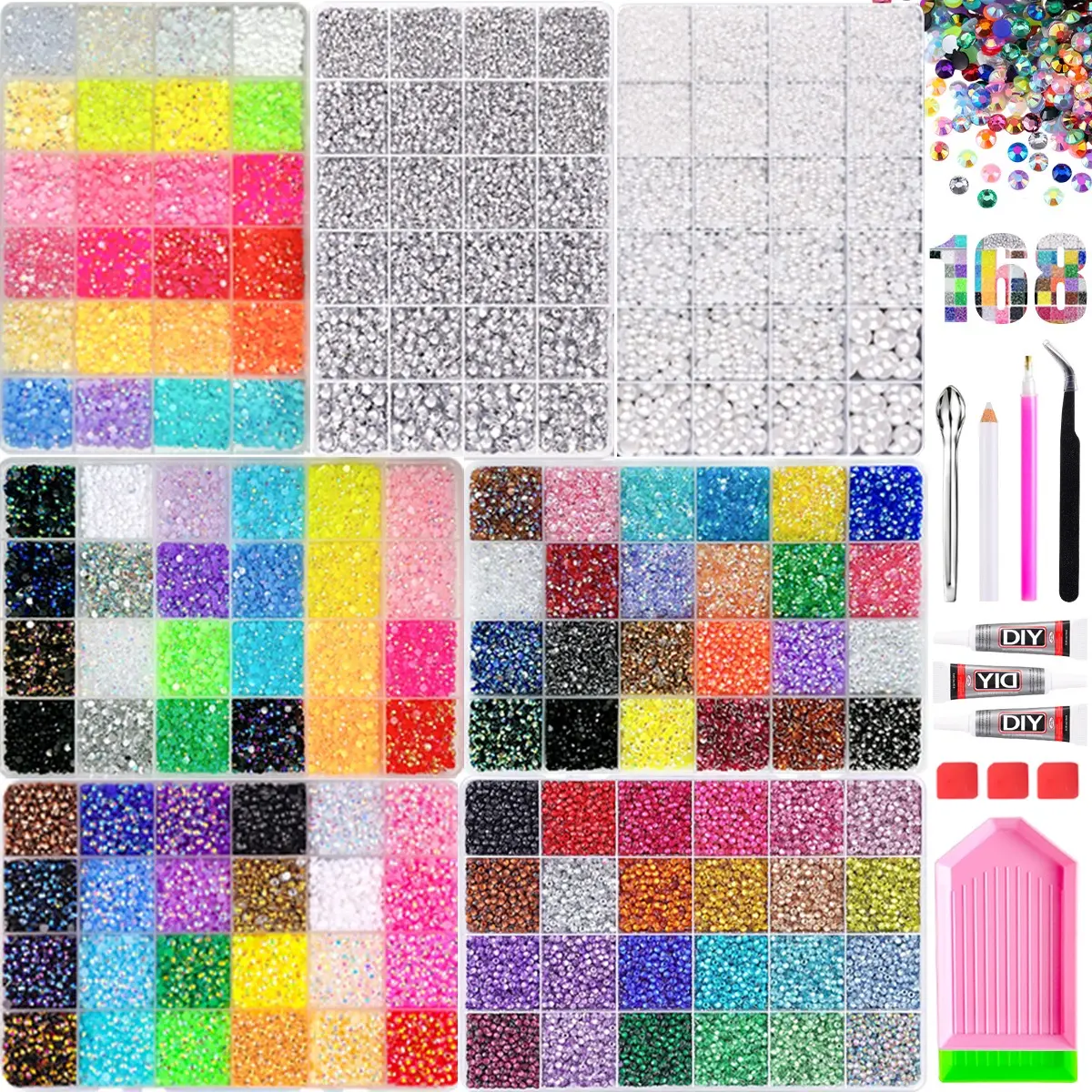 Bling Kit Multi-Box Rhinestone Set, 168 Iridescent Resin Colors, Includes Sorting Trays and Picker Pens,It is ideal for home DIY lovers, beginners, nail salons and handmade creators.， Complete Accessories Package。mid year sale, deals for you
