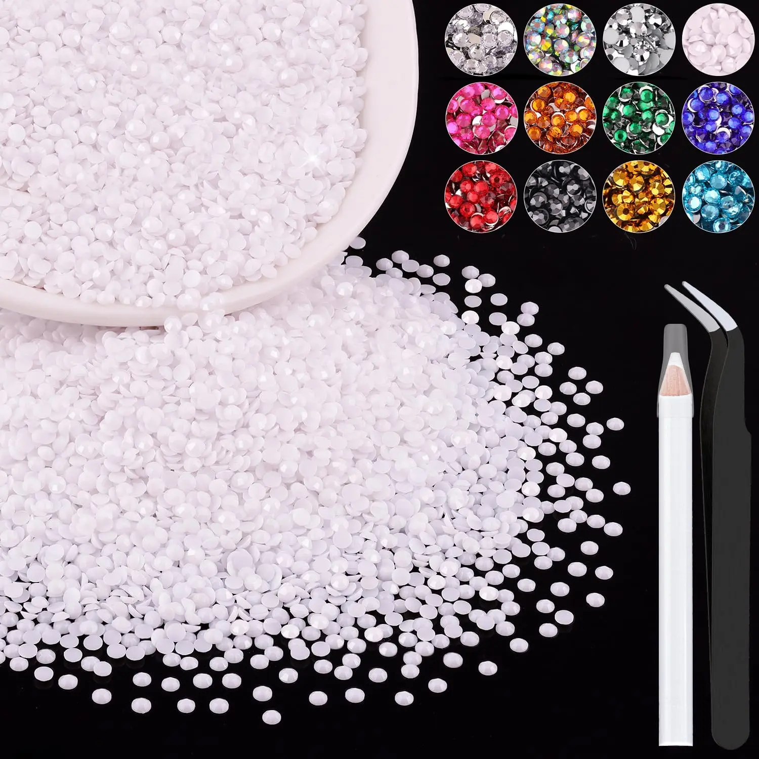 5000PCS 3mm White Resin Rhinestone Bedazzling Kit - Flatback Cosmetic Glitter Nail Art Rhinestones with Pickup Pen, Tweezers for DIY Nails, Tumblers, Shoes, Clothing Fabric, Clothes, Diy Projects, Iridescent Shine, Resin Material, Large Area Decor, Use Ad