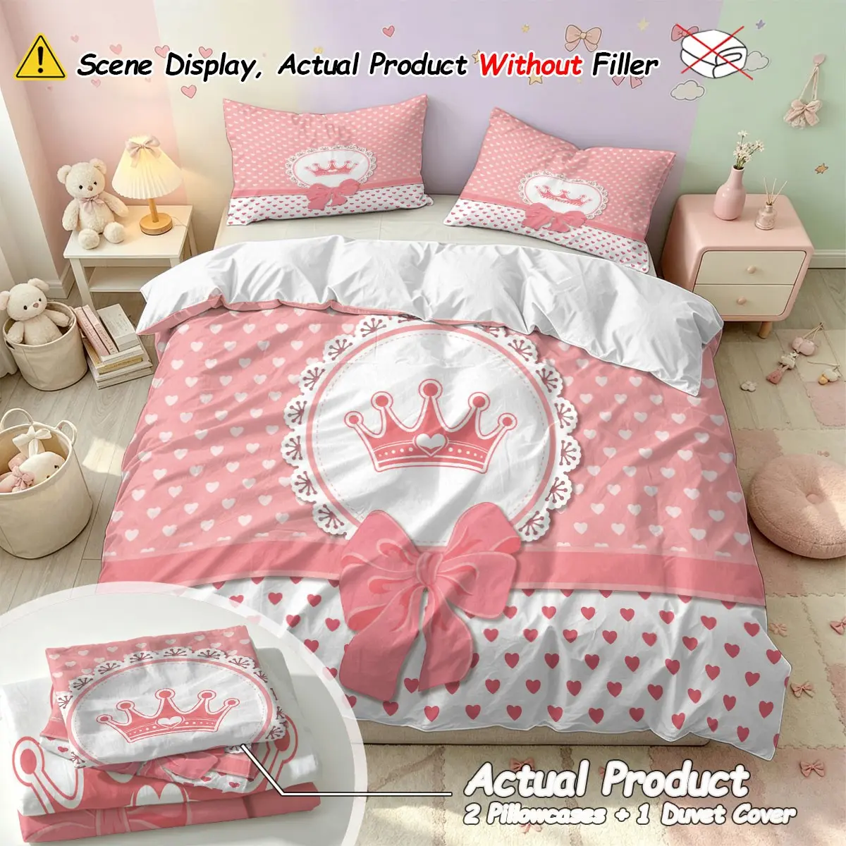 Princess-style bow print 3-Piece Breathable Bedding Set for Girls Dorm, (1 Duvet Cover + 2 pillowcases, no filler),Soft Polyester, Machine Washable & No Deformation