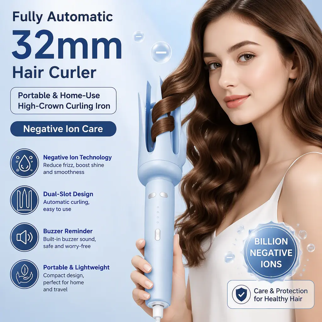 Negative Ion Care Automatic Hair Curler, 32mm High‑Crown Portable Curling Iron for DIY Hairstyle at Home