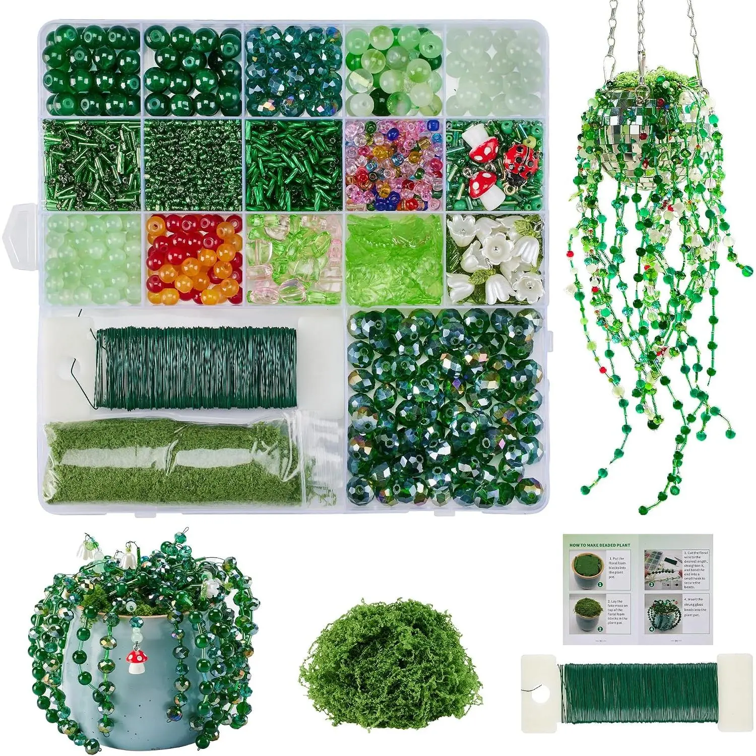 Green Glass Beaded  Kit, Forever  Beaded Leaf Flower Beads for Succulent   Making and DIY Crafts