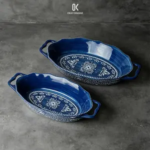Vintage Blue and White Ceramic Baking Dish with Handles, 12.5'' & 14.5'' Oval Casserole Dish Deep Serving Platter, Microwave Dishwasher Safe