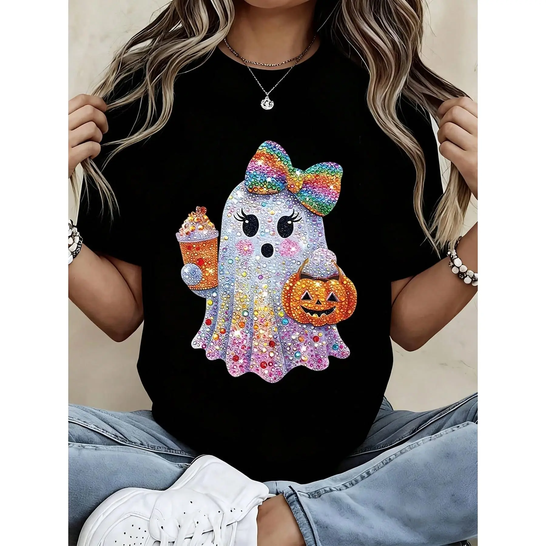 Women's Black Sequin printing Ghost Halloween T-Shirt With Rainbow Bow And Pumpkin Print, Cute Spooky Design For Halloween Party, Casual Wear