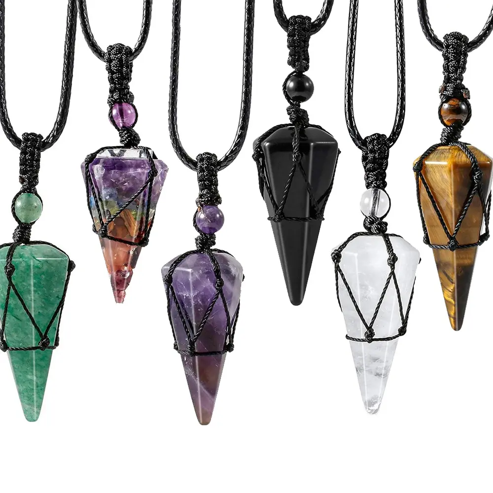 Unisex Natural Healing Crystal Pendant Necklace Handmade Adjustable Black Rope Chain Natural Gemstone Pendant Vacation Travel Beach Jewelry Holiday Gift