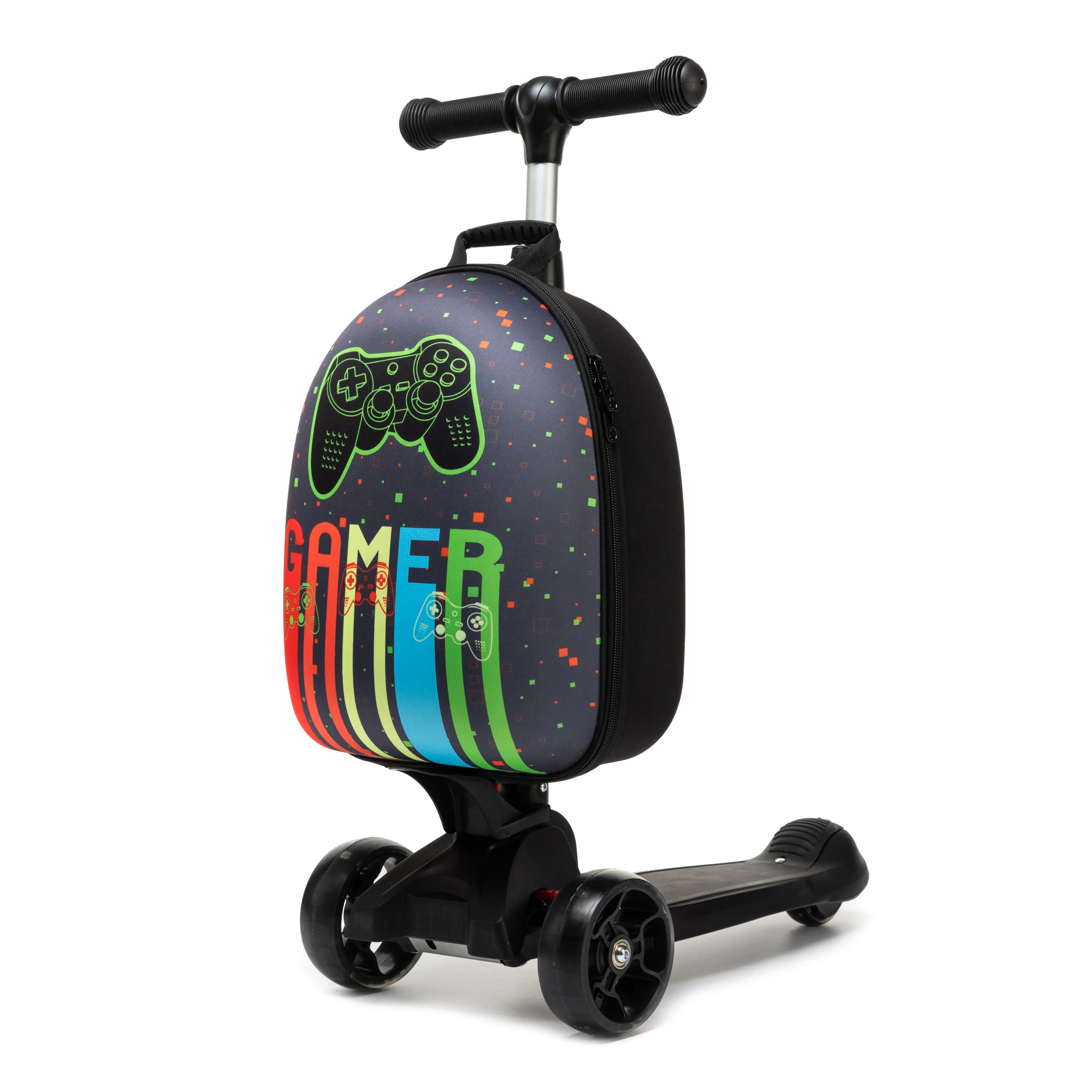 Kids' Hard Shell Scooter Suitcase for Boys, 2-in-1 Lightweight Ride-On Luggage with Gaming Controller Design, 3-Wheel Folding Carry-On, Travel Toys