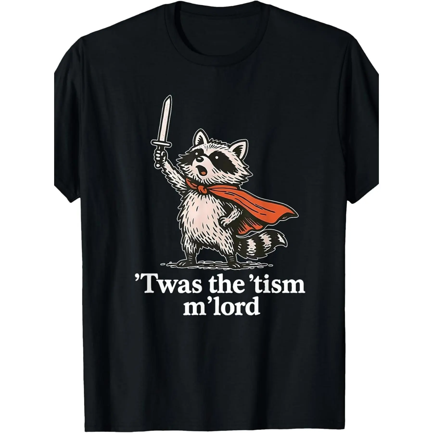 Women's Vintage 'Twas The 'Tism M'Lord Humorous Wizard Raccoon Autism Cotton Crew Neck Short-Sleeve Unisex Tee - Custom Tie-Dye, Fashion Piece, Durable, Trendy Boutique Casual Wear, Beach/Everyday Use, Gift Option, Digital Print, Geometric, Athletic