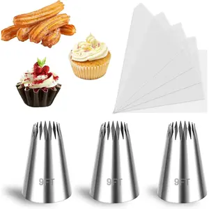 3 count Churro Piping Tip, Churro Bags and Tips Set, Stainless Steel 9FT Large Piping Tips, Open  Pastry Tips for Cake Decorating with 20 count Disposable Piping Bags
