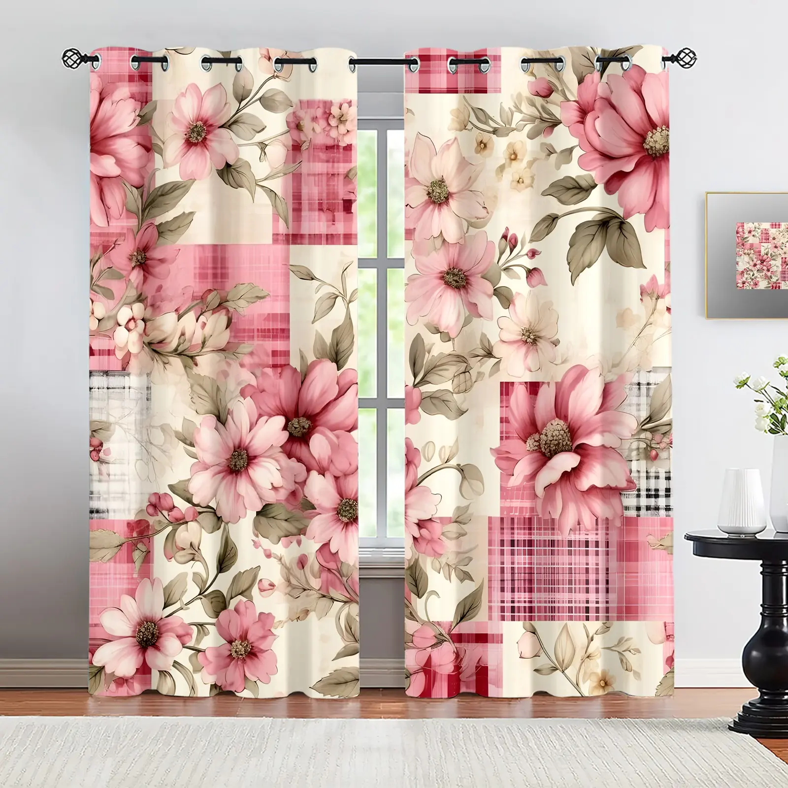 2 Panels Cottage Floral Heart Gingham Patchwork Digital Printed Curtains, Window Drapes, Light Darkening Curtains, Patchwork Floral Window Curtains for Bedroom Living Room Dorm, Machine Washable Farmhouse Home Window Decor Gift
