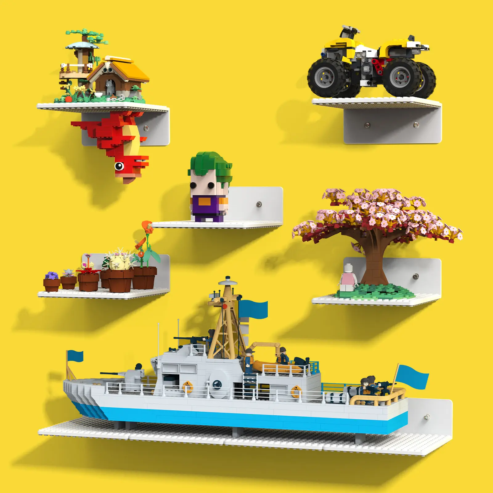 BlissBox 9-Pack Floating Shelves for Wall Compatible with Lego Building Bricks, 5x5.5inch Dual‑Sided 16x17 Studs for Minifigures Toy Brick Storage and Display, ABS Display Shelves for Room Decor, White Decoration Room Accessories