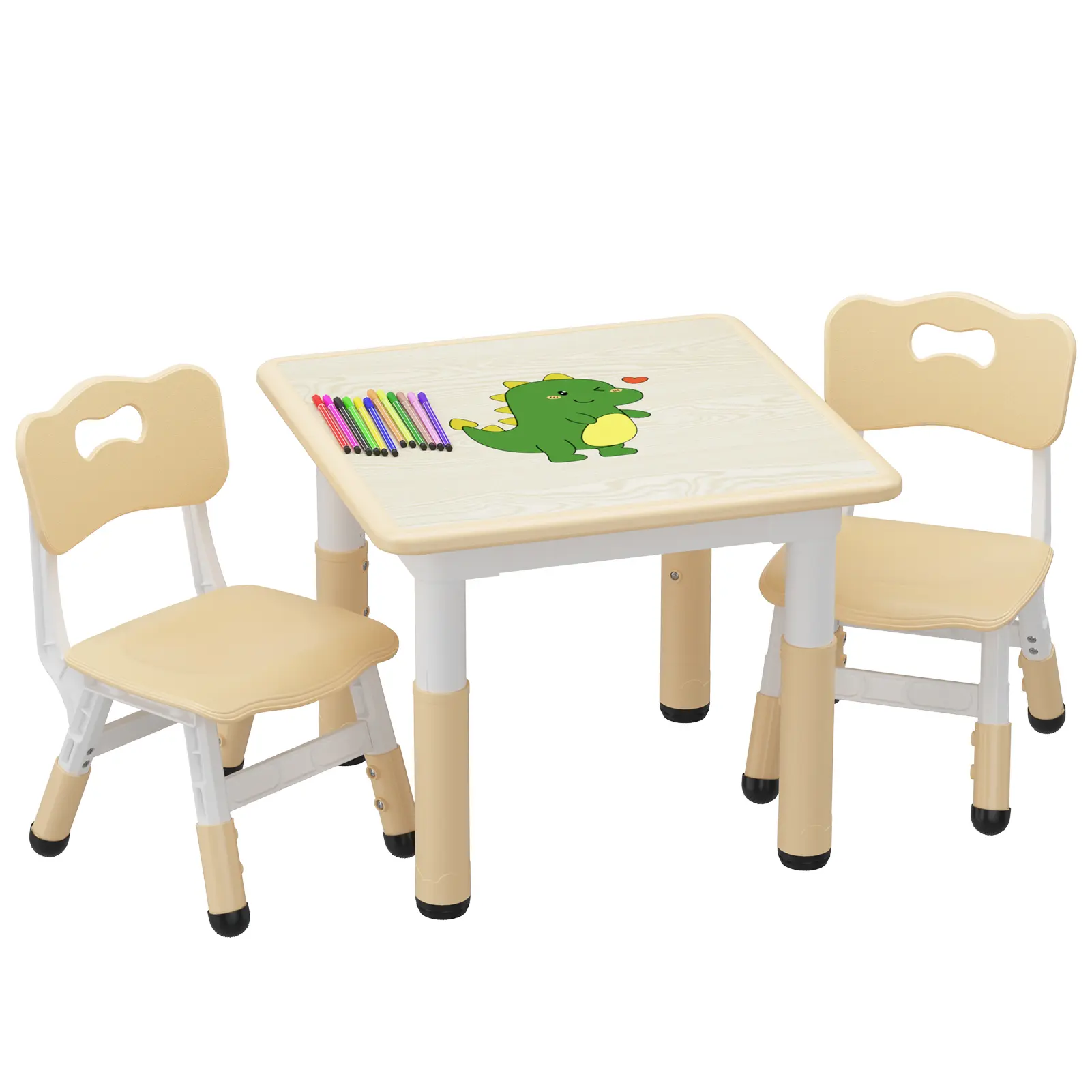 Height Adjustable Kids Table and Chair Set - Toddler Activity Table with 2 Chairs, Wood Color Erasable Graffiti Tabletop for Drawing, Reading, Playroom & Dining (1 Table, 2 Chairs)