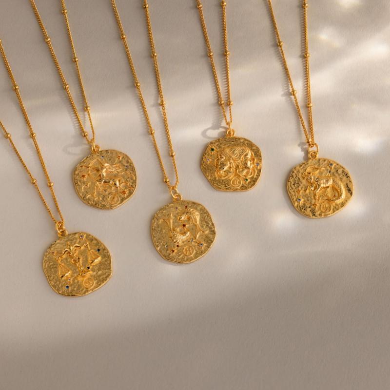 Zodiac Coin Necklace by Caitlyn Minimalist - Celestial Gemstone Pendant Necklace - Gold Plated Constellation Necklace - Summer Jewelry - Birthday Gift.