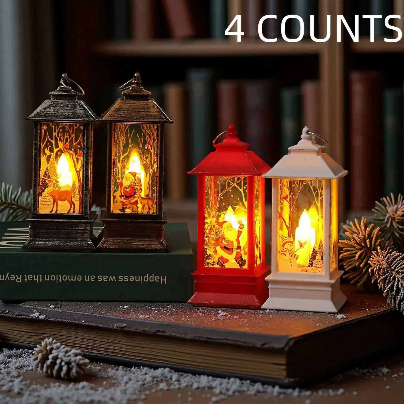 1/4Pcs Christmas Vintage Mini LED Square Lanterns, Santa Snowman Reindeer Pattern, Hanging Decorative Oil Lamp, Battery Operated Flickering Flameless Candle, Retro Lantern for Home Cafe Bar Party Indoor Xmas Decoration