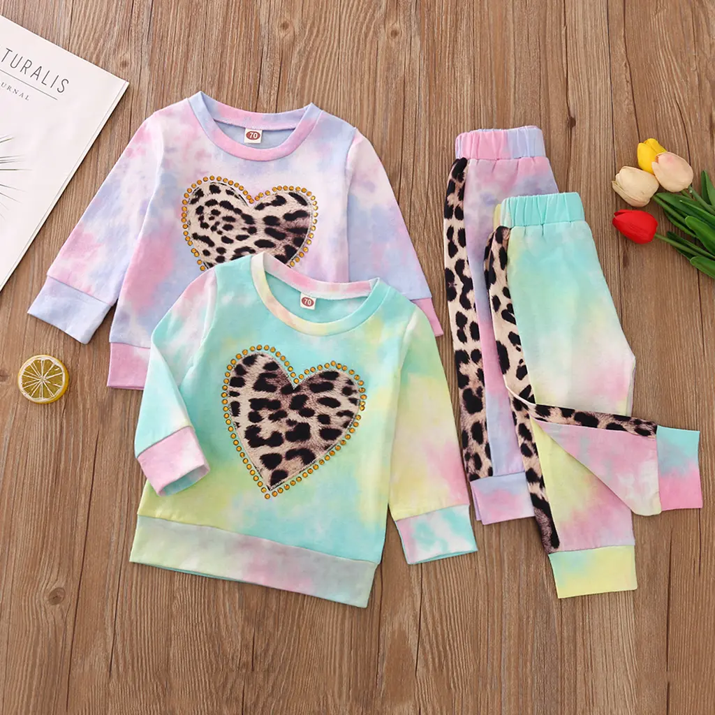 Toddler Girl Fall Winter Clothes Set Tie Dye Long Sleeve Heart Leopard Pullover Sweatshirt Top and Matching Elastic Waist Patchwork Leopard Pants 2Pcs Kids Girl Casual Outfits