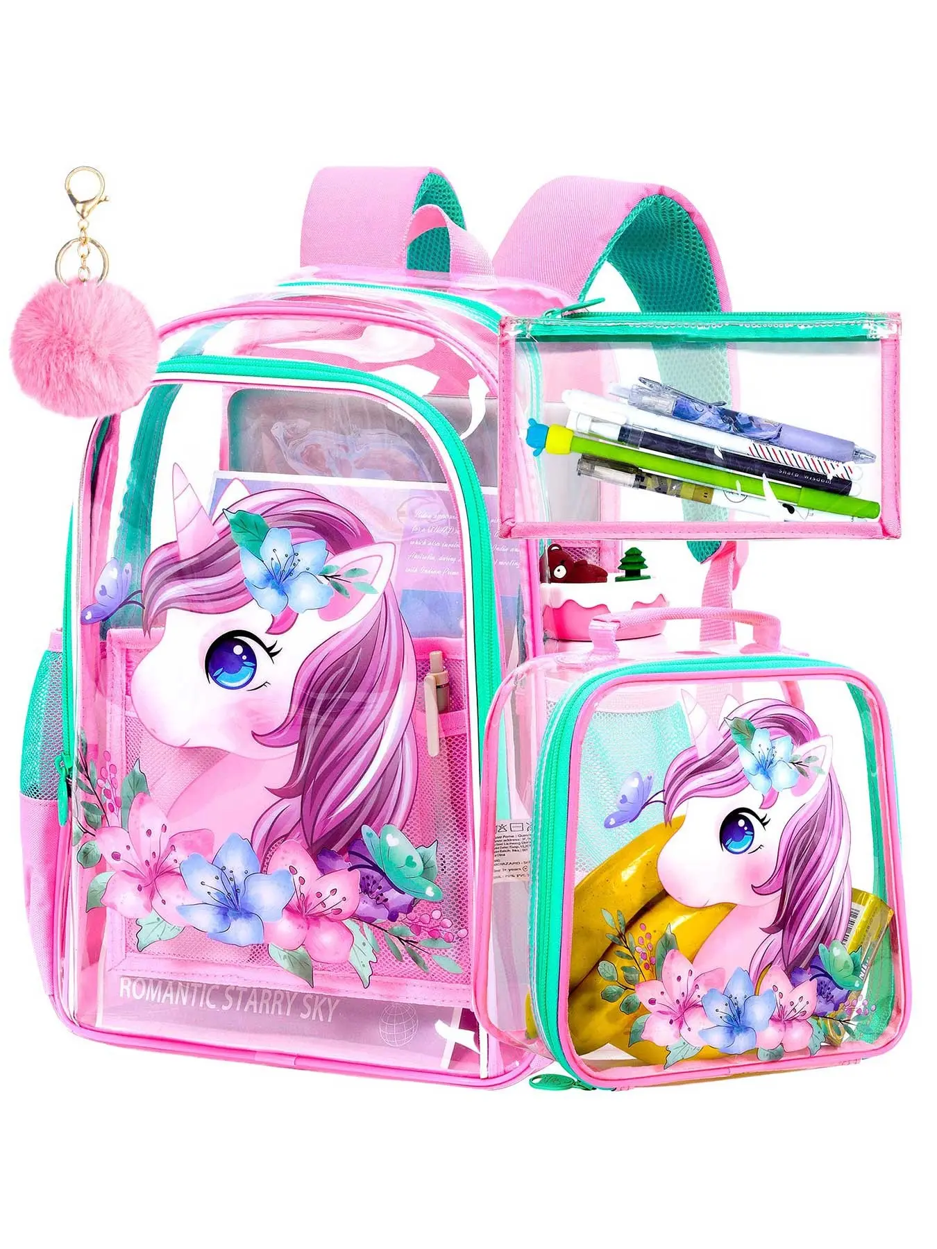 3PCS Girls Clear Backpack, Kids Transparent Bookbag Stadium Approved, See Through School Bag for Elementary Preschool - Pink Unicorn