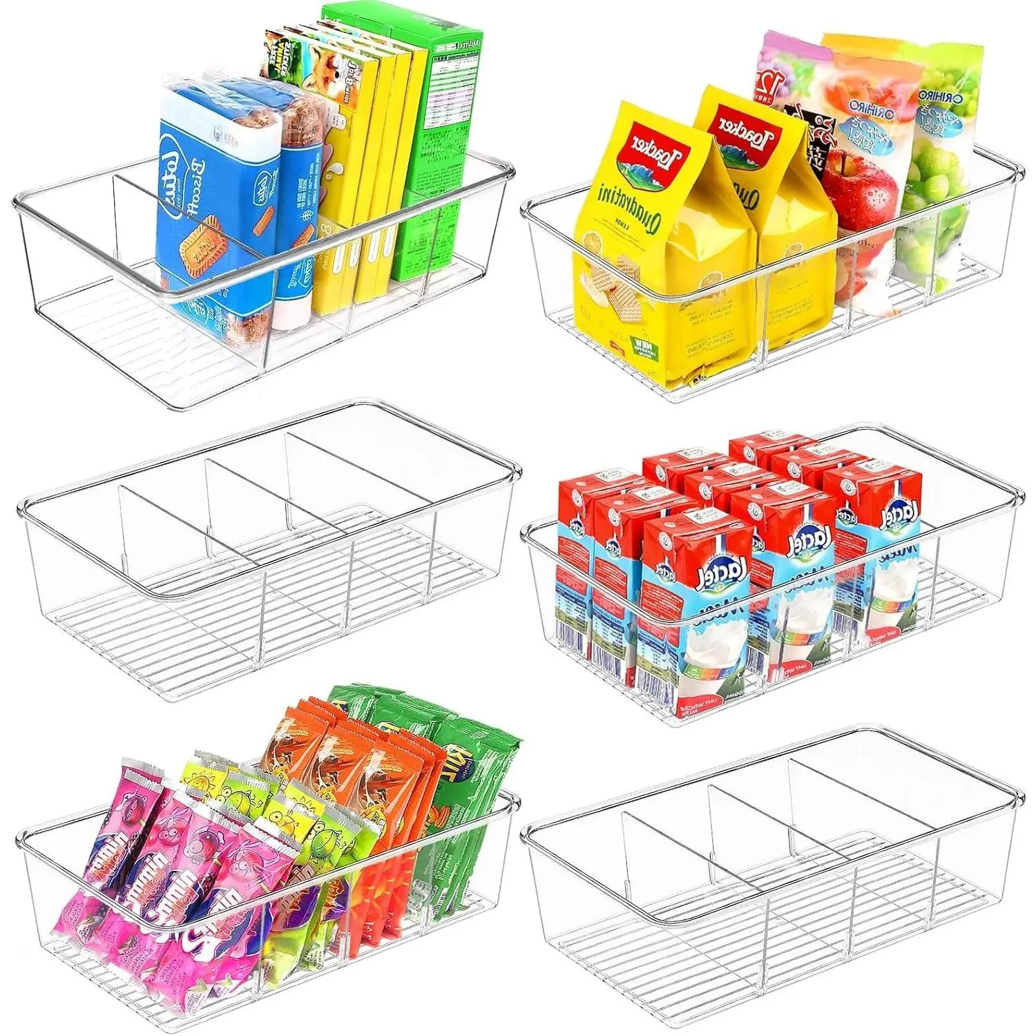 6 Pack Clear Plastic Snack Organizer Bins with 3 Dividers, Stackable Pantry Storage Containers for Snacks, Spices, Chips, Kitchen, Fridge, CabinetGift