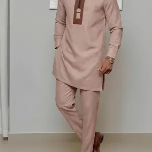 Men's Muslim Style Kaftan Set, Round Neck Long Sleeve Patchwork Design, Casual African Men's Clothing, Wedding Party Business Gift