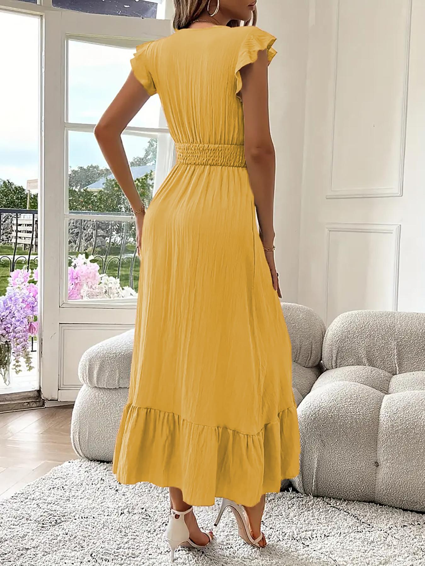 Women's Plain Shirred V Neck Fitted Dress, Elegant Chic Fashion Casual Long Dress for Daily Outdoor Wear, Women's Dress for Summer