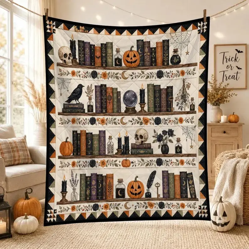 Vintage Gothic Theme Library Bookshelf Quilt Blanket - Halloween Aesthetic Witchy Patchwork Throw with Skull, Crow, Pumpkin, Potion Bottle Prints - Cozy Soft Multi-Size Home & Travel Decor - Gift for Living Room Book Lovers, Patchwork Print