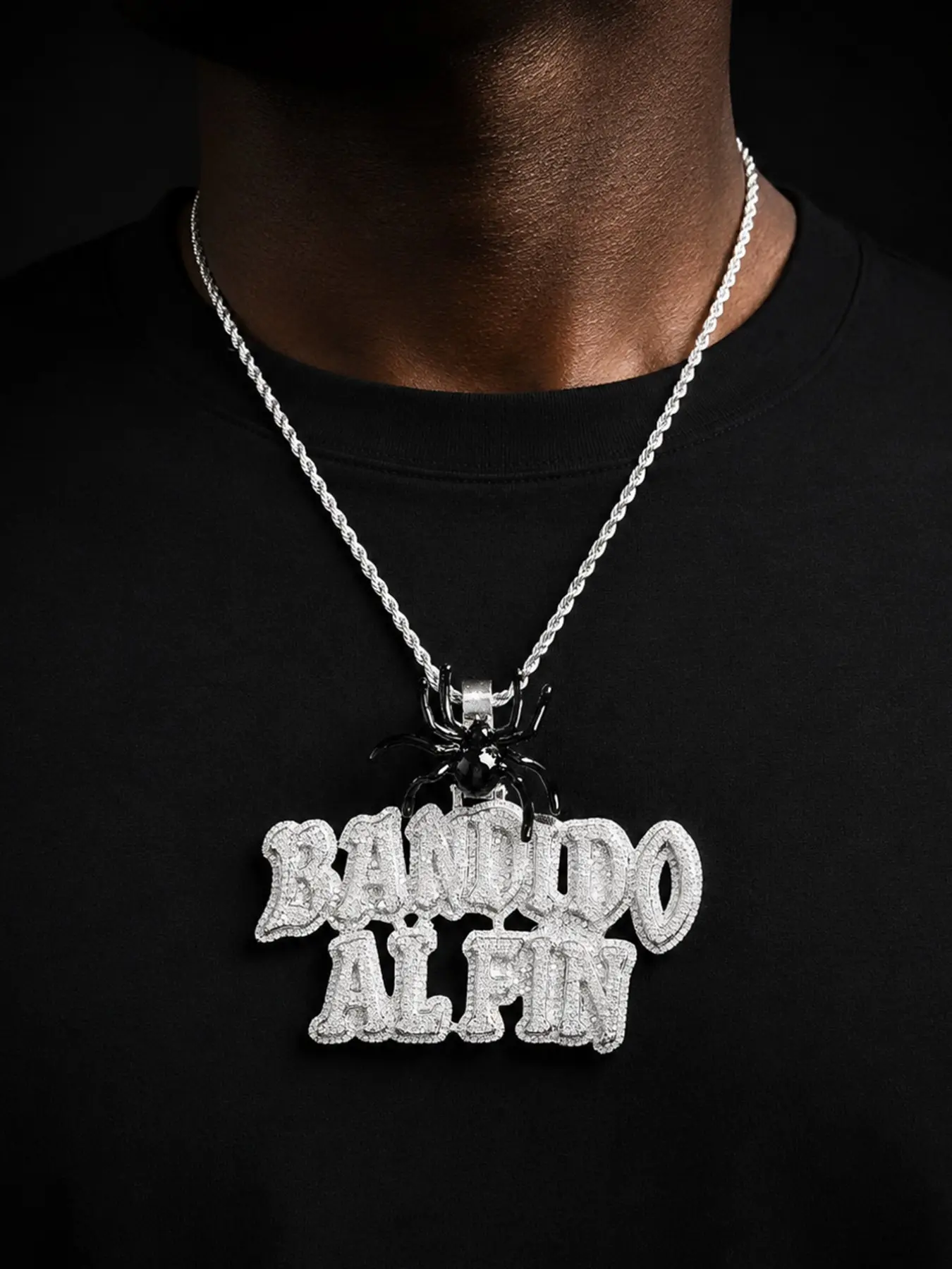 Iced Out Bandido Alfin Necklace Pendant for Men Spider Bail 5A Cubic Zirconia Silver Plated Hip Hop Jewelry