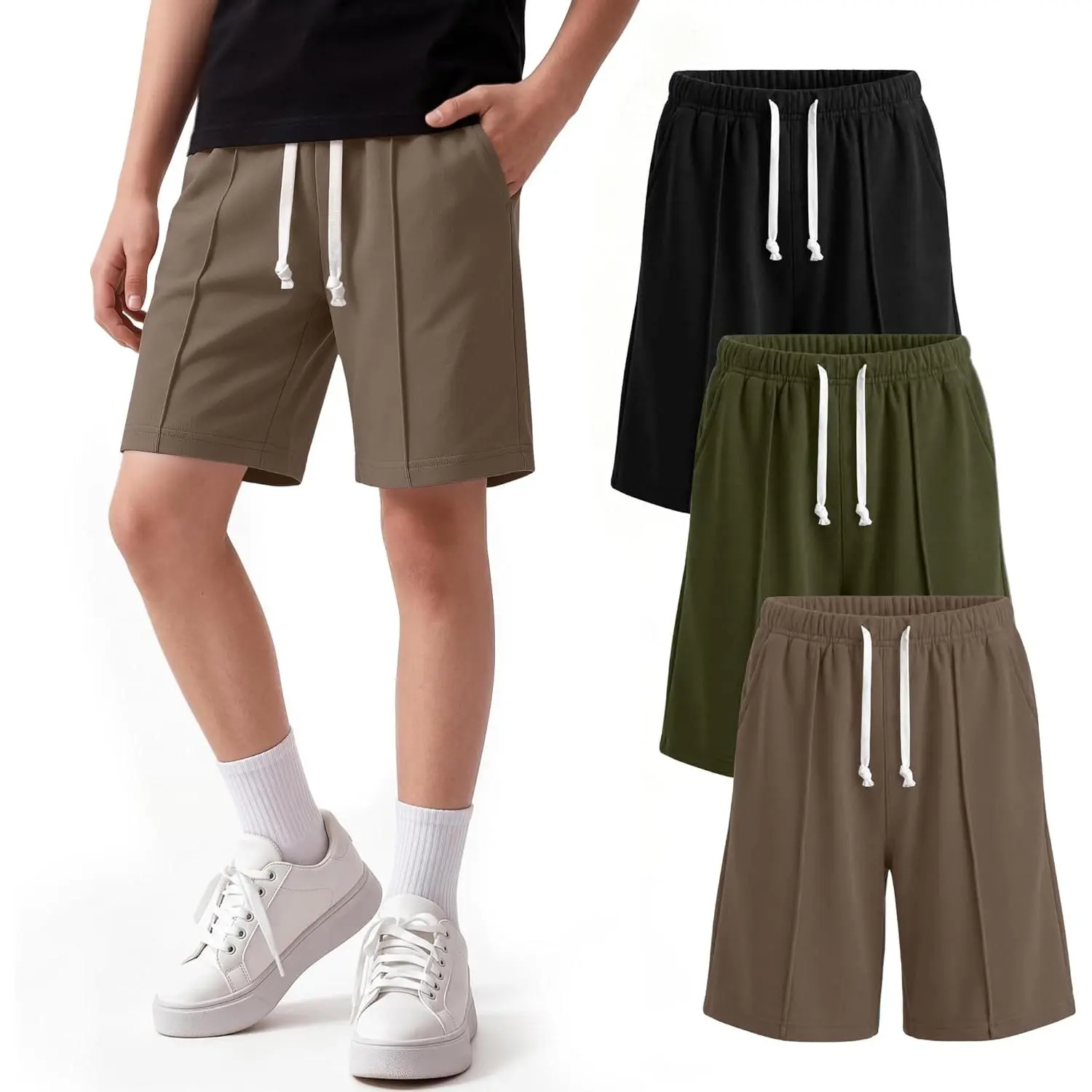 3 Pack Boy's Shorts Kids Athletic Elastic Waist Sweat Shorts Teen Summer Bermuda Clothes with Side Pockets 5-14Y