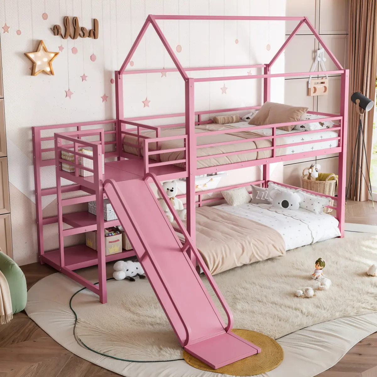 Twin over Twin House Bunk Bed with Storage Stairs, Slide, Safety Rails, Metal Bunk Bed Frame for Kids, Pink