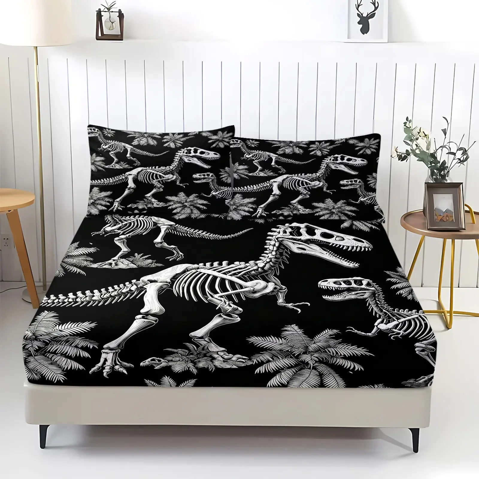 Dinosaur Bones Fitted Sheet with 2 Pillowcases,Vintage Animla Skull Print Bed Sheets Set 12" Deep Pocket Microfiber Bed Cover Cute Bedding (1 Fitted Sheet and 2 Pillowcase)