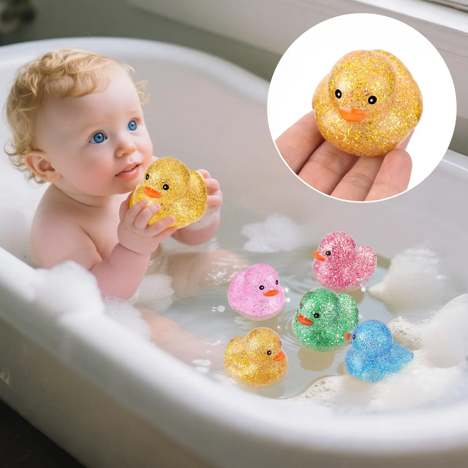 25 Pcs Bulk Mini Glitter Rubber Ducks, Squeaky Floating Bath Toys – Great for Baby Shower, Infants, Toddlers, Kids Birthday Party Decoration & Gift, Preschool Bathtub Toy (Large)