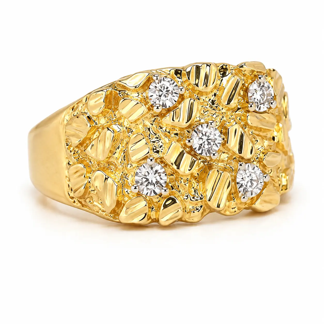 Chunky Gold Nugget Ring for Women and Men, Textured Wide Band with Clear Rhinestone Accents